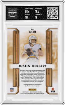 Justin Herbert from the 2023 Panini Gold Standard set graded by Arena Club and given an overall grade of 9.5.