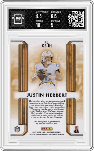 Justin Herbert from the 2023 Panini Gold Standard set graded by Arena Club and given an overall grade of 9.5.