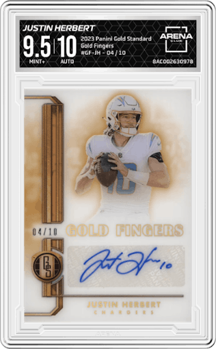 Justin Herbert from the 2023 Panini Gold Standard set graded by Arena Club and given an overall grade of 9.5.