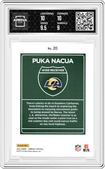 Puka Nacua from the 2024 Donruss set graded by Arena Club and given an overall grade of 9.5.