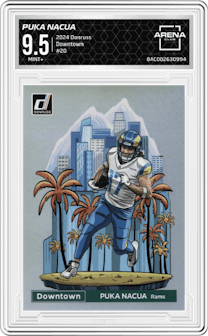 Puka Nacua from the 2024 Donruss set graded by Arena Club and given an overall grade of 9.5.