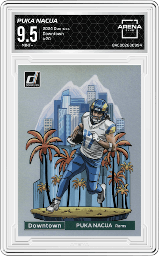 Puka Nacua from the 2024 Donruss set graded by Arena Club and given an overall grade of 9.5.