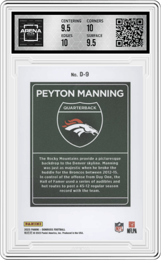 Peyton Manning from the 2023 Panini Donruss set graded by Arena Club and given an overall grade of 10.