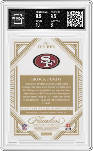 Brock Purdy from the 2023 Panini Flawless set featuring a Ruby parallel graded by Arena Club and given an overall grade of 8.5.