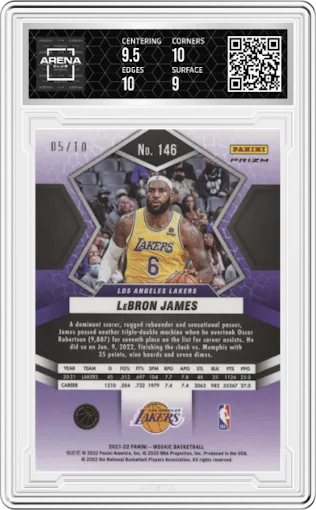 LeBron James from the 2021-22 Panini Mosaic  set featuring a Fast Break Gold parallel graded by Arena Club and given an overall grade of 9.5.
