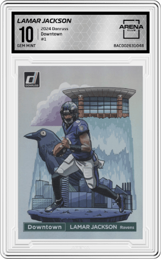 Lamar Jackson from the 2024 Donruss set graded by Arena Club and given an overall grade of 10.