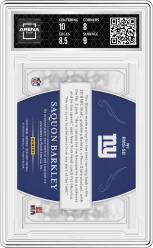Saquon Barkley from the 2018 Panini National Treasures set featuring a Holo Silver parallel graded by Arena Club and given an overall grade of 8.5.
