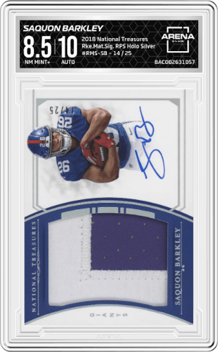 Saquon Barkley from the 2018 Panini National Treasures set featuring a Holo Silver parallel graded by Arena Club and given an overall grade of 8.5.