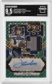 Jake Bobo from the 2023 Panini Select set featuring a Green Prizm parallel graded by Arena Club and given an overall grade of 9.5.
