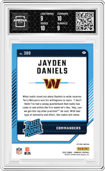 Jayden Daniels from the 2024 Donruss set graded by Arena Club and given an overall grade of 9.5.