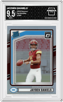 Jayden Daniels from the 2024 Donruss set graded by Arena Club and given an overall grade of 9.5.