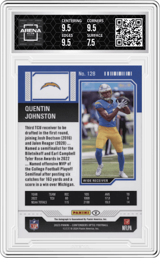 Quentin Johnston from the 2023 Panini Contenders Optic set graded by Arena Club and given an overall grade of 8.