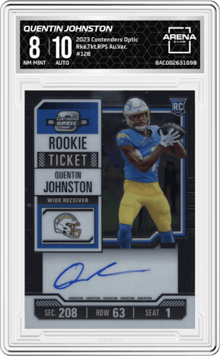 Quentin Johnston from the 2023 Panini Contenders Optic set graded by Arena Club and given an overall grade of 8.