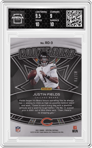 Justin Fields from the 2021 Panini Spectra set featuring a Neon Blue parallel graded by Arena Club and given an overall grade of 9.5.