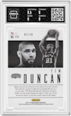 Tim Duncan from the 2013-14 Panini Intrigue set featuring a Gold parallel graded by Arena Club and given an overall grade of 9.