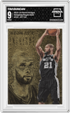 Tim Duncan from the 2013-14 Panini Intrigue set featuring a Gold parallel graded by Arena Club and given an overall grade of 9.