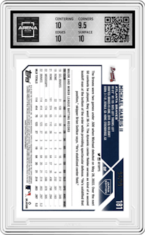 Michael Harris II from the 2023 Topps Japan Edition set featuring a  Cherry Blossoms parallel graded by Arena Club and given an overall grade of 10.