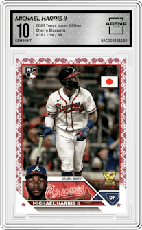 Michael Harris II from the 2023 Topps Japan Edition set featuring a  Cherry Blossoms parallel graded by Arena Club and given an overall grade of 10.
