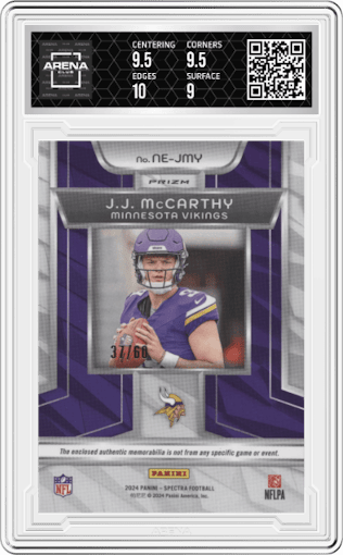 J.J. McCarthy from the 2024 Panini Spectra set featuring a Neon Blue parallel graded by Arena Club and given an overall grade of 9.5.