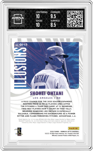 Shohei Ohtani from the 2020 Panini Donruss Optic set graded by Arena Club and given an overall grade of 9.