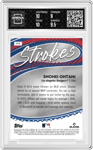 Shohei Ohtani from the 2024 Topps Chrome set graded by Arena Club and given an overall grade of 9.5.