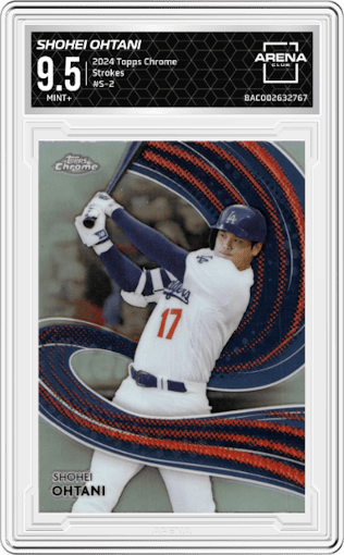 Shohei Ohtani from the 2024 Topps Chrome set graded by Arena Club and given an overall grade of 9.5.