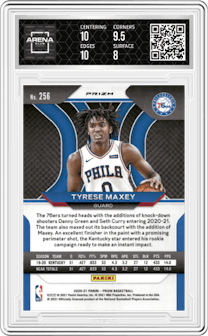 Tyrese Maxey from the 2020-21 Panini Prizm set featuring a Green Prizm parallel graded by Arena Club and given an overall grade of 8.5.