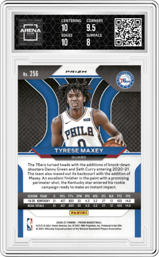Tyrese Maxey from the 2020-21 Panini Prizm set featuring a Green Prizm parallel graded by Arena Club and given an overall grade of 8.5.