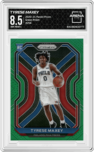 Tyrese Maxey from the 2020-21 Panini Prizm set featuring a Green Prizm parallel graded by Arena Club and given an overall grade of 8.5.
