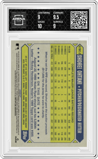 Shohei Ohtani from the 2022 Topps Chrome set graded by Arena Club and given an overall grade of 9.5.