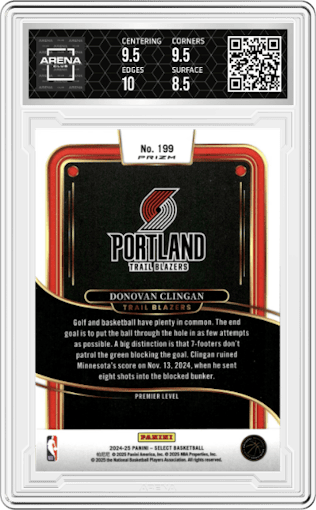 Donovan Clingan from the 2024-25 Panini Select set featuring a Green/White/Purple Prizm parallel graded by Arena Club and given an overall grade of 9.