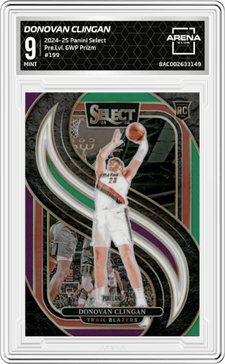 Donovan Clingan from the 2024-25 Panini Select set featuring a Green/White/Purple Prizm parallel graded by Arena Club and given an overall grade of 9.