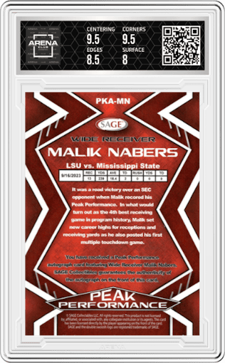 Malik Nabers from the 2024 SAGE Hit set featuring a Red parallel graded by Arena Club and given an overall grade of 8.5.