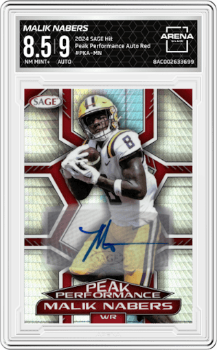 Malik Nabers from the 2024 SAGE Hit set featuring a Red parallel graded by Arena Club and given an overall grade of 8.5.