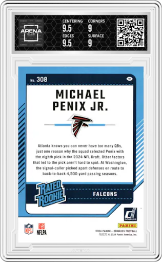 Michael Penix Jr. from the 2024 Donruss set featuring a Press Proof Silver parallel graded by Arena Club and given an overall grade of 9.5.