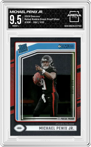 Michael Penix Jr. from the 2024 Donruss set featuring a Press Proof Silver parallel graded by Arena Club and given an overall grade of 9.5.
