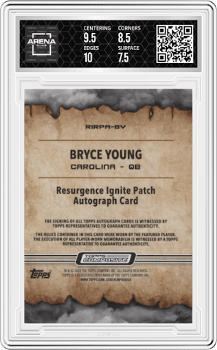 Bryce Young from the 2023 Topps Composite set featuring a White Surge parallel graded by Arena Club and given an overall grade of 8.
