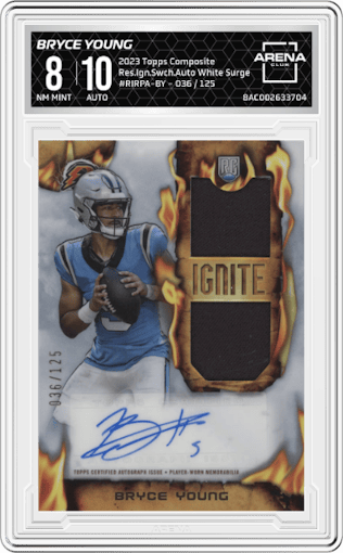 Bryce Young from the 2023 Topps Composite set featuring a White Surge parallel graded by Arena Club and given an overall grade of 8.