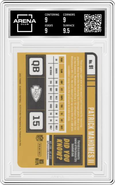 Patrick Mahomes II from the 2021 Panini Classics set featuring a Premium Edition parallel graded by Arena Club and given an overall grade of 9.