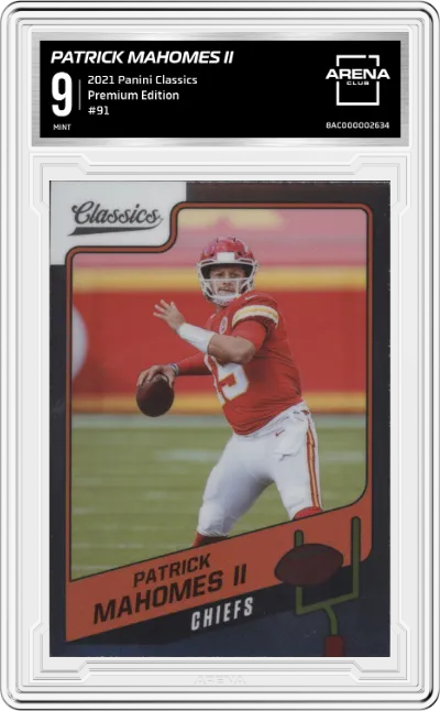 Patrick Mahomes II from the 2021 Panini Classics set featuring a Premium Edition parallel graded by Arena Club and given an overall grade of 9.