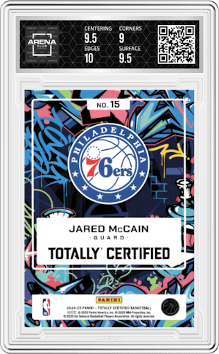 Jared McCain from the 2024-25 Panini Totally Certified set featuring a Blue Mirror  parallel graded by Arena Club and given an overall grade of 9.5.