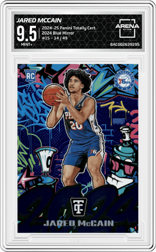 Jared McCain from the 2024-25 Panini Totally Certified set featuring a Blue Mirror  parallel graded by Arena Club and given an overall grade of 9.5.