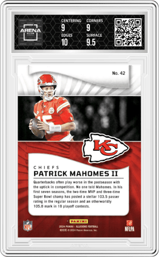 Patrick Mahomes II from the 2024 Panini Illusions set featuring a Orange Trophy Collection parallel graded by Arena Club and given an overall grade of 9.5.