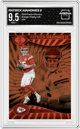 Patrick Mahomes II from the 2024 Panini Illusions set featuring a Orange Trophy Collection parallel graded by Arena Club and given an overall grade of 9.5.