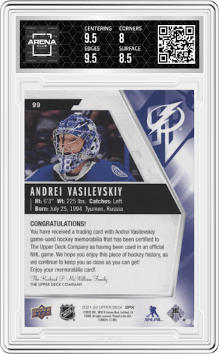 Andrei Vasilevskiy from the 2021-22 SPx set graded by Arena Club and given an overall grade of 8.5.