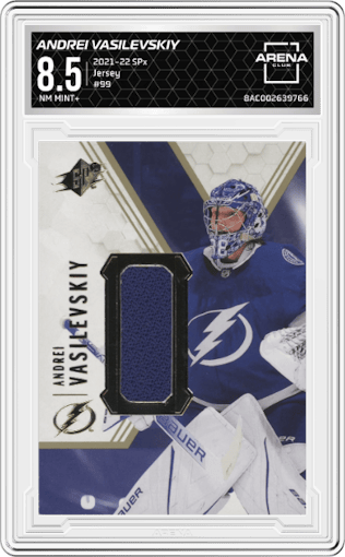 Andrei Vasilevskiy from the 2021-22 SPx set graded by Arena Club and given an overall grade of 8.5.