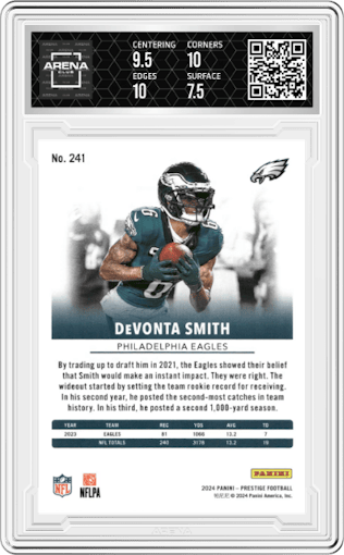 DeVonta Smith  from the 2024 Panini Prestige  set featuring a Pink Xtra Points parallel graded by Arena Club and given an overall grade of 8.