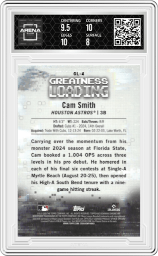 Cam Smith from the 2025 Bowman set graded by Arena Club and given an overall grade of 8.5.