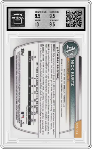 Nick Kurtz from the 2025 Bowman set graded by Arena Club and given an overall grade of 10.