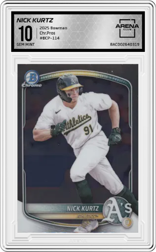 Nick Kurtz from the 2025 Bowman set graded by Arena Club and given an overall grade of 10.